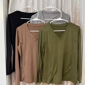 Elegant V-Neck Long Sleeve Tops - Black, Gray, Tan, Olive